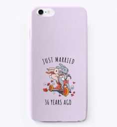 a pink phone case with an image of a rabbit on a scooter and the words just married 66 years ago