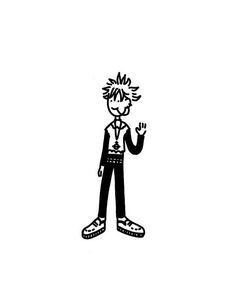 a black and white drawing of a boy with his hand up in the air,