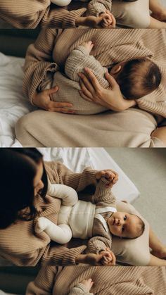 two photos of a woman holding a baby in her arms and sleeping on the bed