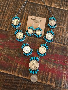 Sterling silver and turquoise. Authentic vintage coins. 24 3/4” long plus 2 1/8” pendant drop. Includes matching earrings. Stamped sterling and signed by Navajo artist. Bohemian Jewelry With Coin Pendant For Collectible, Bohemian Sterling Silver Coin Jewelry, Vintage Coins, The Riddle, Coin Necklace, Riddles, Matching Earrings, Coin, Stamp