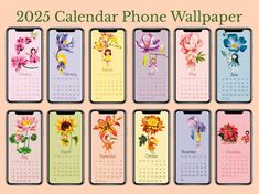 a calendar phone wallpaper with flowers on the front and back covers in different colors