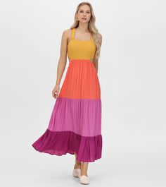 Be vibrant and bold in this smocked color block maxi dress with side cut outs to accentuate the waist. Pair with your favorite platform sandals to emulate the perfect beachy and breezy look. Material : 85% Viscose, 15% Linen Care Instructions : Machine wash cold with like colors, gentle cycle, do not bleach, lay flat to dry, cool iron if necessary Dress Maxi Dress Dress Length : 53.5 Smocked maxi dress Tiered color block design Cut outs at side Criss-cross back Fitted through chest Dress With Side Cutouts, Smocked Maxi Dress, Color Block Maxi Dress, The Frye Company, Color Block Design, Moto Style, Dress Maxi, Block Design, Dress With Boots