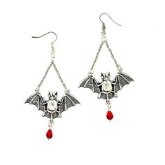 "Large Bat Earrings. Stunning silver plated hanging bat chandelier / dangle earrings with chain and black faceted crystal glass teardrop bead. Matching Necklace Available: https://www.etsy.com/listing/892607111/large-bat-necklace-red-faceted-crystal?ref=shop_home_active_1&frs=1 Dimensions: 2\" width ( Wing Span ) - Height 1\" - Drop Length ( including Crystal glass bead and hook 3\". Great for any Halloween, Gothic, Vampire Night out. Thanks For Visiting, REBELTUDE." Gothic Dangle Halloween Jewelry, Gothic Dangle Jewelry For Halloween, Gothic Dangle Jewelry With Lobster Clasp, Halloween Dangle Pierced Earrings, Vampire Style Metal Earrings For Halloween, Gothic Dangle Earrings For Party, Halloween Vampire Metal Earrings, Gothic Dangle Jewelry For Party, Vampire Style Dangle Jewelry Gift