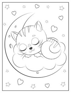 a cat sleeping on top of a cloud with hearts around it and the moon in the background