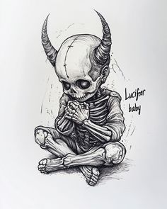 a drawing of a skeleton sitting on the ground with his hands crossed in front of him