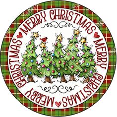 a merry christmas card with three trees on the front and bottom, surrounded by plaid