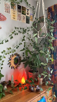 a living room with plants and pictures on the wall above it, along with a fire place