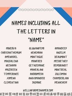 Names Including all the Letters in "Name:" Minerva, Chrysanthemum, Amenadiel, Magdalena, Nechama, Mazikeen, Temperance, Ximena, Clementina, Oluwanifemi, Nehemiah, Montague, Manfred, Gethsemane, Mahealani, Andromeda, Anaximander, Jasmine, Amandeep, Anselm, Beaumont, McCartney, Rembrandt, Montreal, Suleiman, Chamberlain, Menachem. Making Lists, Name Games, On The Horizon, Word Games, The Horizon, How Many, Writing