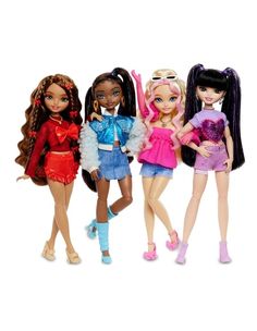 three barbie dolls standing next to each other in front of a white background with one holding a doll