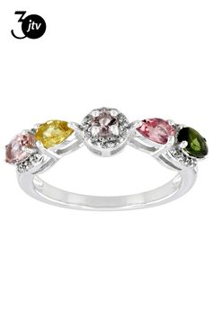 .40ctw Oval, 0.35ctw Pear Shape, 0.10ct Round Multi-Tourmaline With 0.58ctw Round White Zircon Rhodium Over Sterling Silver Ring. Measures Approximately 0.90"L x 0.21"W. Not sizeable.  "Accent stones primarily zircon" Pear Shape, Sterling Silver Ring, Silver Ring, Pear, Sterling Silver, Ring, Silver, White