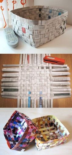 two pictures with different types of paper and scissors on them, one is made out of newspaper