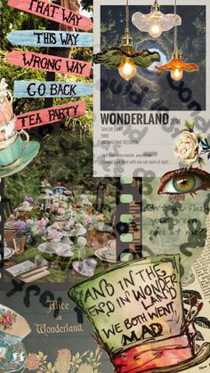 altered collage with tea cups and signs