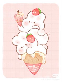 an ice cream sundae with strawberries on top is shown in this cute cartoon