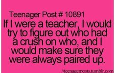 a pink background with the words teenager post 10891 if i were a teacher i would try to figure out who had a crush on who, and i would make sure they