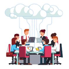 people sitting at a table with computers and clouds above them