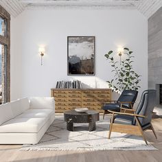 a living room filled with furniture and a fire place in front of a large window