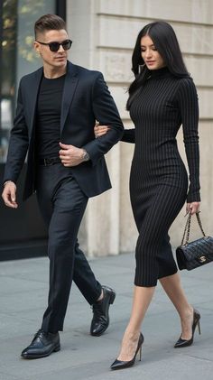 Holiday Party Couple Outfits, Couples Nye Outfits, Couple Cocktail Outfits, Nye Couple Outfits, Black Sleek Outfit, Couples New Years Eve Outfits Classy, Black Couple Date Night Outfit, Couple Dinner Date Outfit, Date Night Couple Outfit