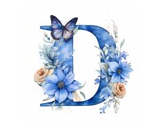 the letter d is decorated with blue flowers and butterflies