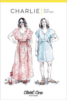 two women in dresses and sandals standing next to each other, with the words charie written