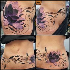 four pictures of a woman's stomach with flowers on it