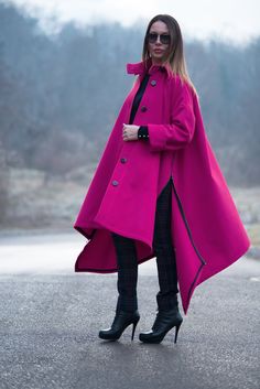 "Cashmere Coat, Hot Pink Coat, Asymmetric Coat, Loose Cape, ►Gorgeous Hot Pink Cashmere Coat with big pockets. This Coat has no linen. ►Suitable for plus size. The model is Loos fit. The model wears size M - 5,6' / 170 cm Please note the desired length in \"note from buyer \"section when placing your order and I would love to make it for you ►Materials & Care Cashmere, Wool, Polyester Dry Cleaning Medium hot iron ►All of our packages are sent out with tracked delivery. Keep in mind that cust Cheap Red Color Block Outerwear, Trendy Luxury Solid Color Outerwear, Luxury Solid Color Outerwear For Everyday, Plus Size Fitted Full Length Winter Coat, Hot Pink Coat, Winter Coat Elegant, Asymmetrical Coat, Coat Plus Size, Loose Coats