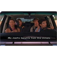 four people sitting in the back seat of a car with text on it that reads, my jewotro benefits from this climate