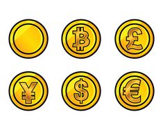 four gold coins with different currency symbols