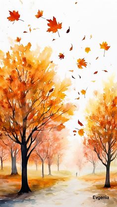 a painting of trees with fall leaves flying in the air