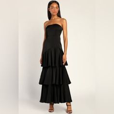 Reposhing This Item I Purchased From @Tanton1996. Loved It, And Was Going To Wear It To An Event But Ended Up Not Going. This Beautiful Dress Brand New With Tags Is Ready To Go To A New Home And To Finally Be Worn! Questions? Leave A Comment Below! Black Tiered Prom Dress, Black Tiered Maxi Dress, Dark Romantic Wedding, Petite Maxi Dress, Prom Inspo, Strapless Prom Dress, Tiered Ruffle Skirt, Dark Romantic, Guest Attire