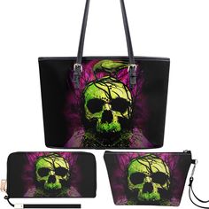 Skull cosmetic wallet, flame skull shoulder bag, flame skull cosmetic bag, skeleton purse, flaming skull long wallet, flaming skull bag with shoulder strap, skeleton tote bag, flame skull messenger bag, rose skull tote bag, biker skull wall Women's Tote Bag: Size: Length (44cm/17.3in)  x Width (15cm/5.9in) x Height (28cm/11in) The leather fabric is noble and atmospheric, and the large-capacity handbag can be carried diagonally on one shoulder or directly by hand, and can be carried in various wa Rectangular Skull Print Bag For Halloween, Black Skull Bag For Halloween, Black Skull Print Bag For Halloween, Black Skull-shaped Bag For Halloween, Black Skull-shaped Bag With Skull Print, Rectangular Skull Print Shoulder Bag For Daily Use, Black Halloween Bag With Skull Print, Black Halloween Bags With Skull Print, Rectangular Shoulder Bag With Skull Print For Daily Use