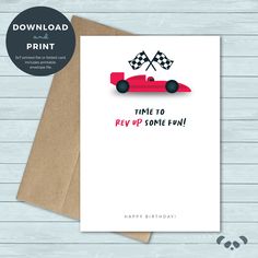 a red race car birthday card with the words time to rev up some fun on it