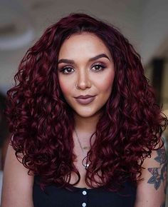 Merlot Curly Hair, Curly Mahogany Hair, Plum Burgundy Hair With Highlights, Red Curly Hair Styles, Maroon Hair Curly, Dark Red Hair On Curly Hair, Curly Dyed Hair Natural Curls Red, Curly Plum Hair