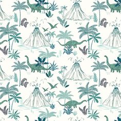 dinosaurs and palm trees are depicted in this blue and white wallpaper design, which is part of the dinosaur land collection