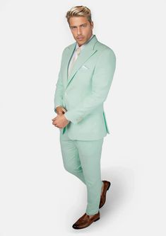 Wow the crowd in the Hudson Mint Green Linen Suit! Custom made from a breathable linen cotton blend, this pastel mint green piece will have you turning heads at any event! Step up your style game with this unique and classy suit. You can't go wrong! Green Cotton Formal Suits, Green Cotton Suits For Formal Occasions, Fitted Green Cotton Blazer, Classic Green Summer Blazer, Fitted Pista Green Sets For Spring, Tailored Green Sets For Summer, Tailored Green Summer Set, Formal Fitted Pista Green Sets, Elegant Fitted Light Green Sets