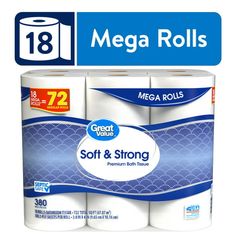 Great Value Soft & Strong Premium Toilet Paper features 2-ply sheets of toilet paper that are super strong and absorbent making it the perfect solution for all your bathroom needs. This pack includes 18 mega rolls which is equivalent to 72 regular rolls, so it's easy to stock up for you or your family. It is also safe for standard septic systems. Great Value products provide families with affordable, high-quality grocery and household consumable options. Our products are conveniently available o Best Toilet Paper, Septic Systems, Bathroom Needs, Walmart Store, Bathroom Tissue, Septic System, Household Essentials, Electronic Toys, Soft Textures