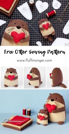 an image of stuffed otters with hearts on their hands and sewing supplies in the background