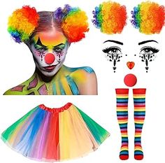 the clown makeup kit includes two clowns, one with colorful hair and striped socks