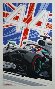 a painting of a racing car with the british flag in the background