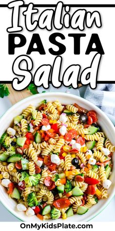 this pasta salad is loaded with fresh vegetables and lots of cheese, it's ready to be eaten