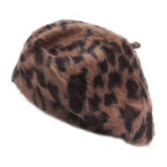 a brown and black animal print hat