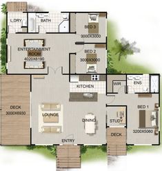 the floor plan for a house with three bedroom and an attached kitchen area, including stairs to