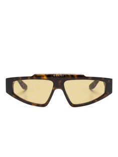 brown acetate geometric frame yellow tinted lenses all-over signature GG-Supreme lens decal pattern tortoiseshell effect logo print embellishment sculpted arms curved tips These glasses come with a protective case. Sculpted Arms, Aviator Watch, Geometric Frame, Balenciaga Track, Gucci Eyewear, Fashion Bug, Balenciaga Triple S, Fine Watches, Fine Jewelry Bracelets