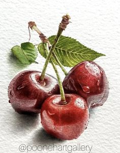 three cherries with green leaves on white paper