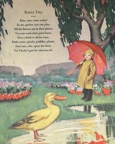 an old children's book about rainy days with a duck and child holding an umbrella