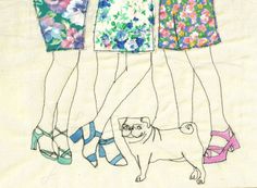 three girls and a pug are standing in front of each other with their shoes on