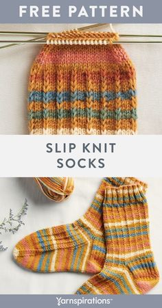 two knitted socks with text overlay that reads, free pattern slip knit socks