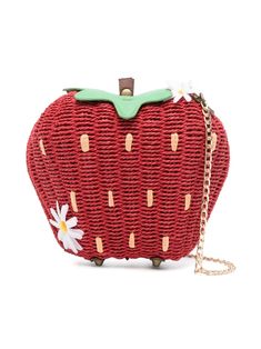 poppy red paper raffia woven raffia design patch detail faux-flower detailing gold-tone chain-link shoulder strap main compartment internal slip pocket internal logo patch full lining bronze-tone hardware top clasp fastening Chic Red Woven Straw Bag, Red Summer Bag With Detachable Strap, Red Straw Bag With Braided Handles For Spring, Red Bags With Detachable Strap For Summer, Red Bag With Detachable Strap For Summer, Red Straw Summer Bag, Red Straw Summer Bags, Red Woven Straw Shoulder Bag, Red Rectangular Straw Bag For Spring