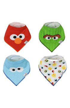 Protect baby's clothes from drooling and spills with these special Sesame Street bandana bibs made of a soft cotton knit with an absorbent fleece backing. Includes four assorted bibs Back snap closure Ages 3–36 months 100% cotton with 100% polyester backing Machine wash, tumble dry Imported Playful Cotton Bib, Machine Washable, Washable Bib For Playtime, Cute Cotton Bib For Playtime, Playful Washable Bib For Playtime, Playful Cotton Bib Machine Washable, Cotton Playtime Bib For Babies, Playful Cotton Bib As A Gift, Cute Cotton Washable Bib, Multicolor Washable Bib For Playtime