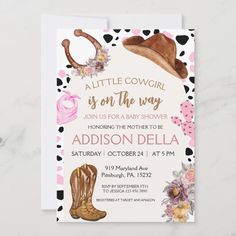 a cowgirl baby shower is on the way with cowboy boots and pink polka dots