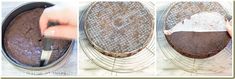 three pictures showing how to make a cake in a tin with chocolate frosting and powdered sugar